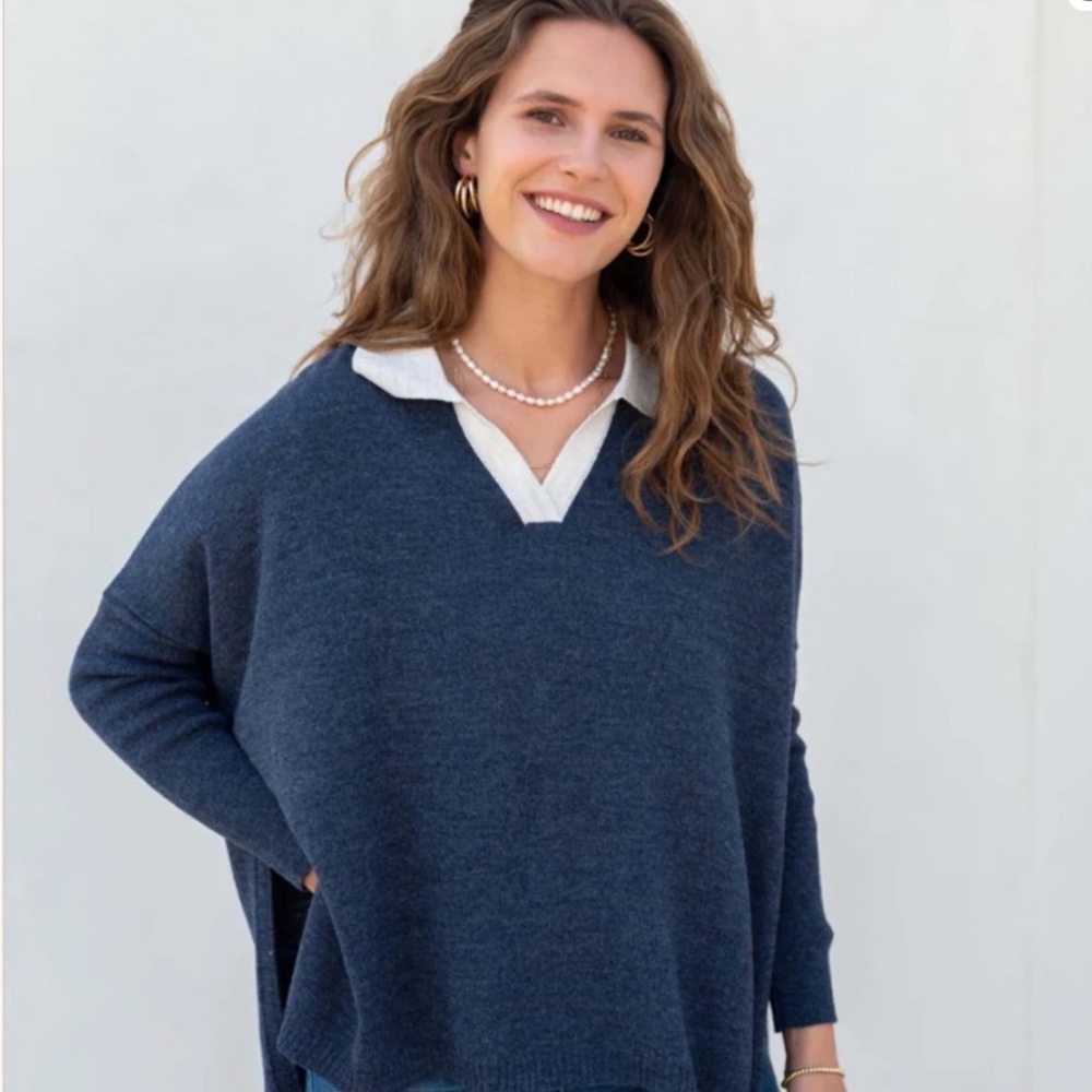 Mersea Catalina navy White Collared Boxy Polo Sweater One Size Petite